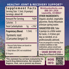 Turmeric supplement facts label for joint health. Use 4 pumps in water, up to twice daily. Ingredients, dosage, contact info, and warnings shown on a purple background with decorative accents.