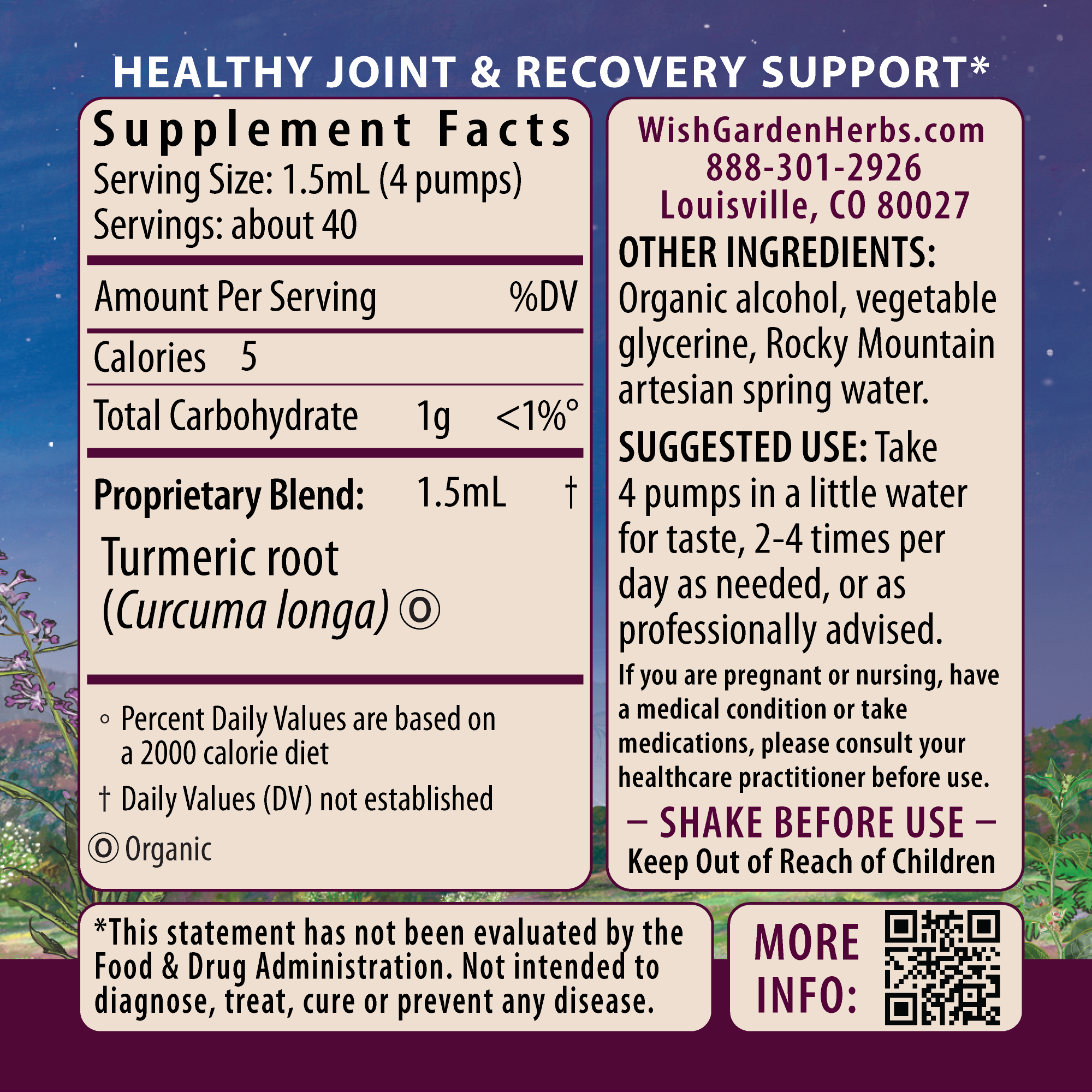 Turmeric supplement facts label for joint health. Use 4 pumps in water, up to twice daily. Ingredients, dosage, contact info, and warnings shown on a purple background with decorative accents.