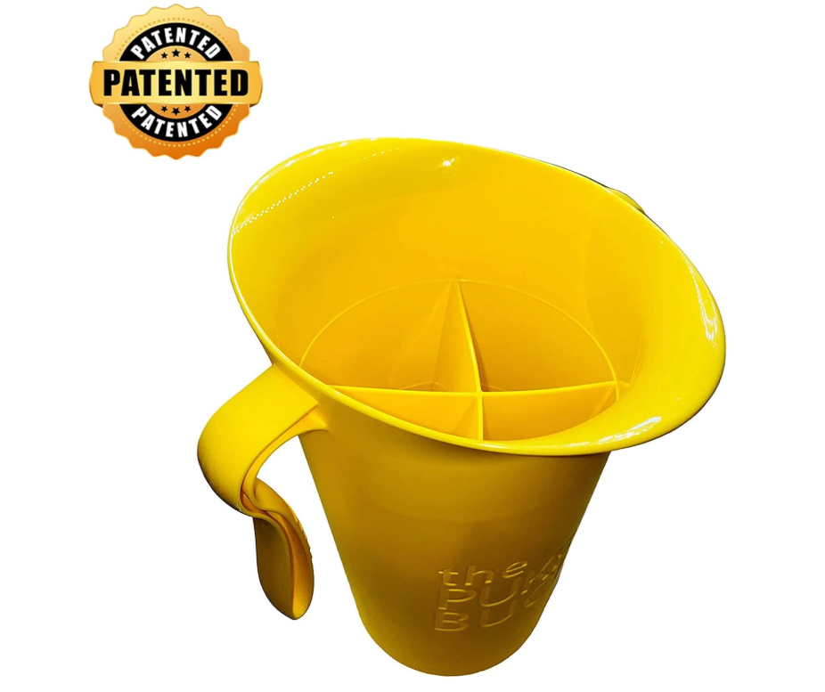 A bright yellow plastic container called The Puke Bucket (3.0L), featuring a handle and internal dividers for anti-splash protection, is shown for clean and easy vomit disposal. A “PATENTED” badge appears in the top left corner.