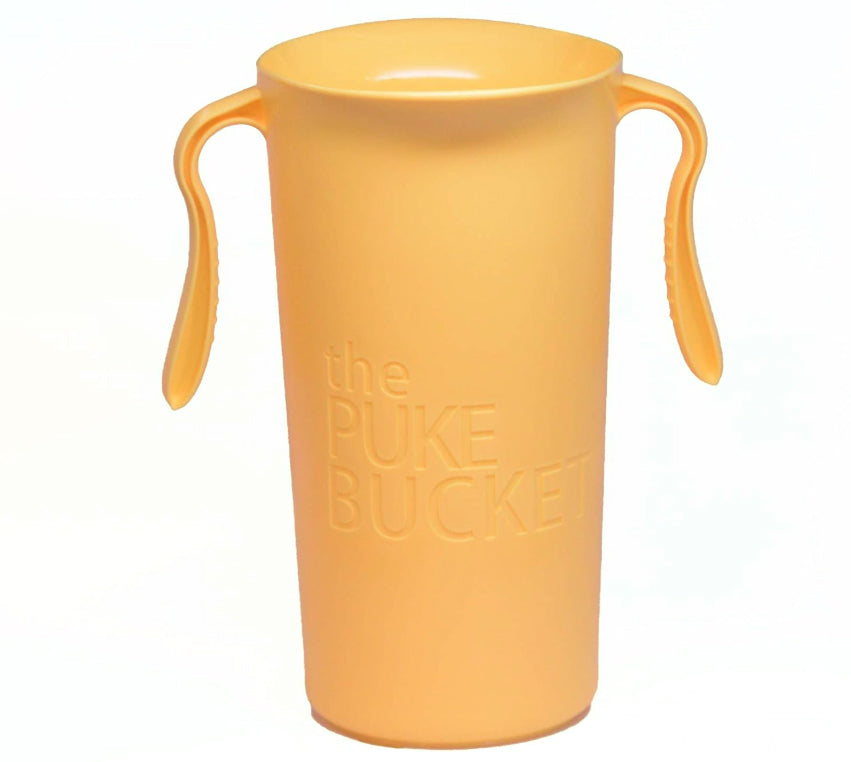 The Puke Bucket (3.0L) - A Reusable Container for Vomiting is a tall, orange plastic container featuring an anti-splash apparatus and two large, curved side handles, shown against a plain white background.