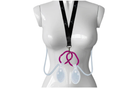 A mannequin torso displays the Surgical Drain Holder with two clear drains and tubing, attached to a neck lanyard and pink clip, used for collecting post-surgical fluid after breast surgery.