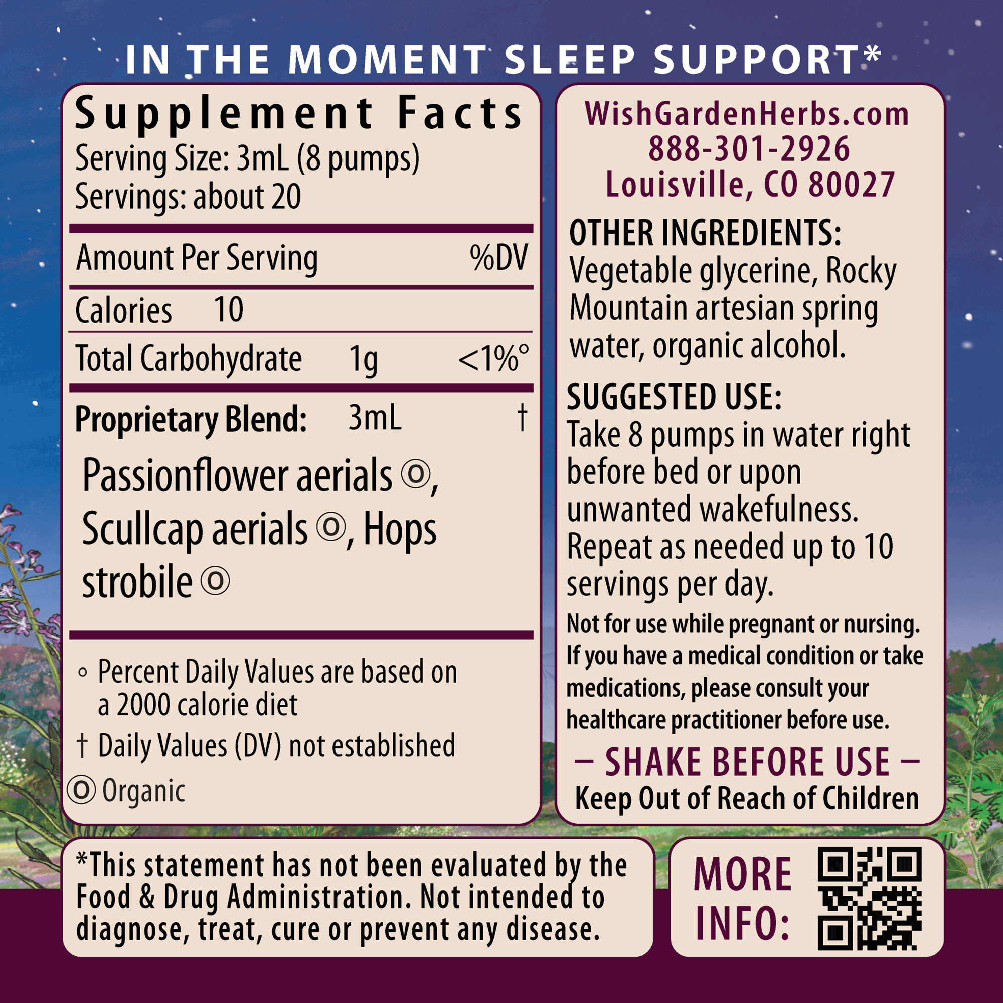 Supplement facts label for Sleepy Nights & Fresh Mornings, our organic sleep supplement with non-sedative herbs. Includes ingredients, serving size, nutrition info, usage directions, manufacturer details, FDA disclaimer. Purple starry background and barcode.